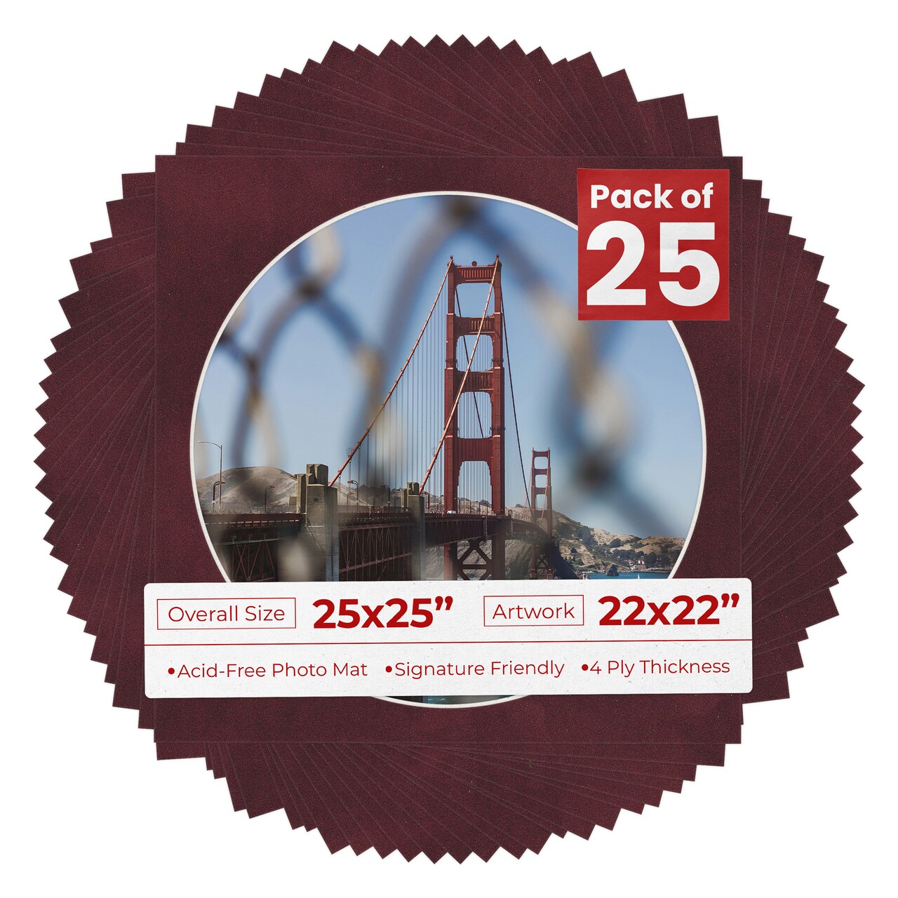 Dark Red Suede Mat Board for 25x25 Frames - Circle Opening for 22x22 Photos